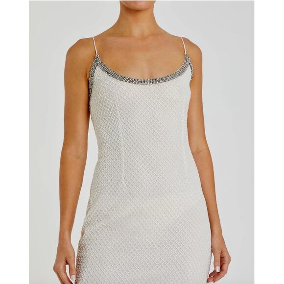 Mac Duggal ‎ White Beaded Spaghetti Strap Column Gown 14 - Picture 2 of 13